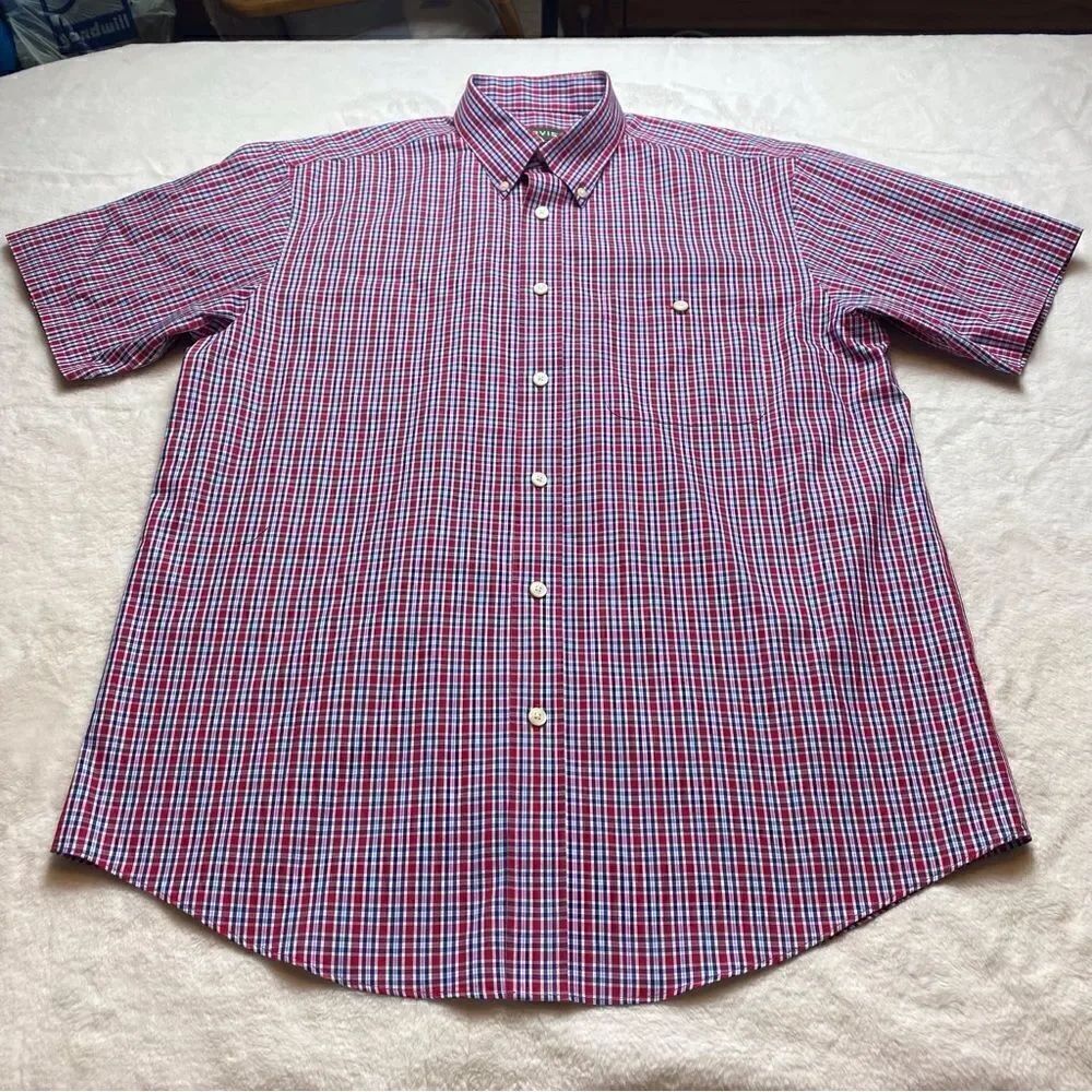 Orvis Short Sleeve Button Down Red, White and Blue Plaid Shirt Size Large
